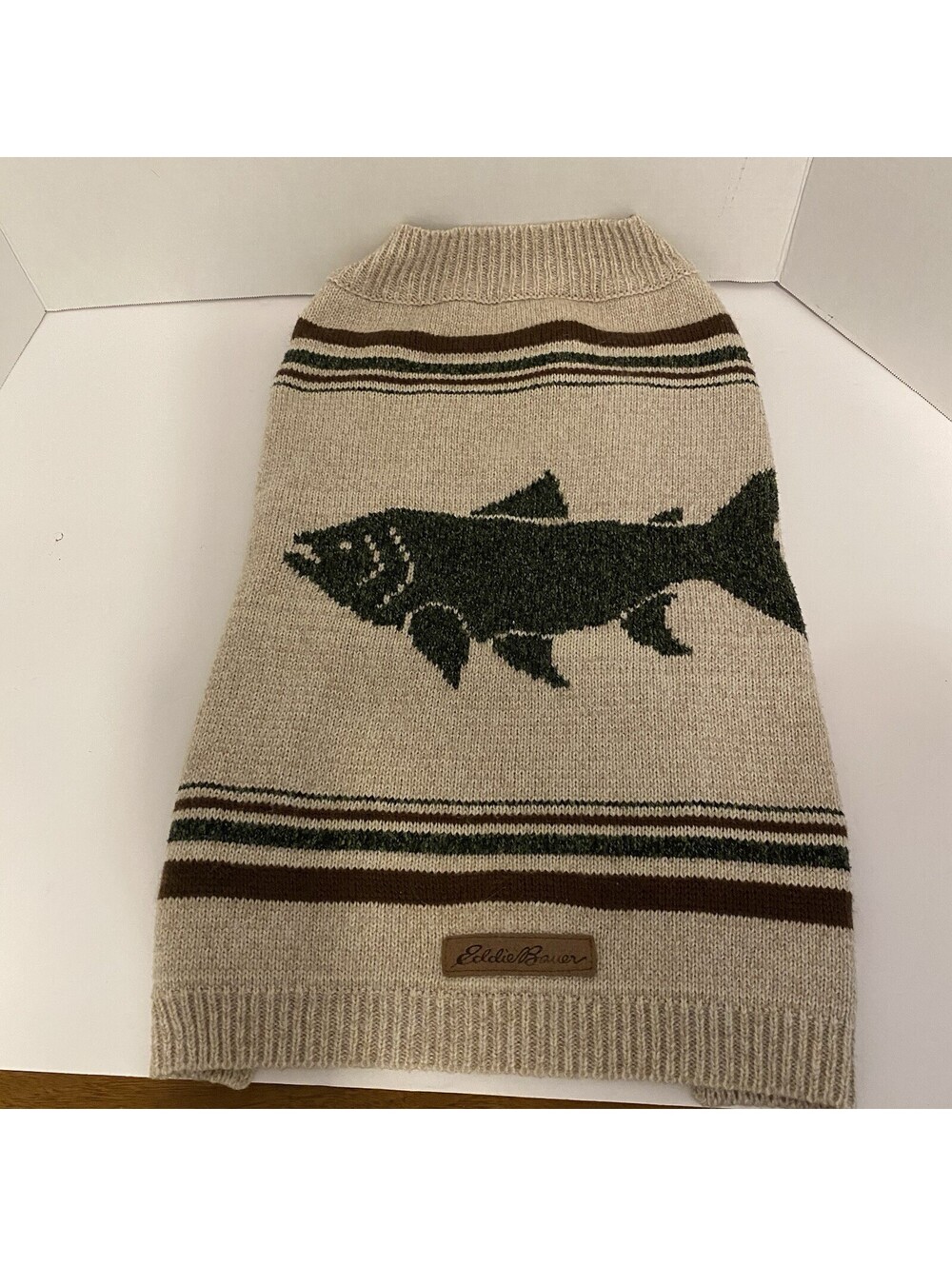 Eddie Bauer Pet Salmon Fish Knit Dog Sweater XL Cream Brown Outdoor Cozy